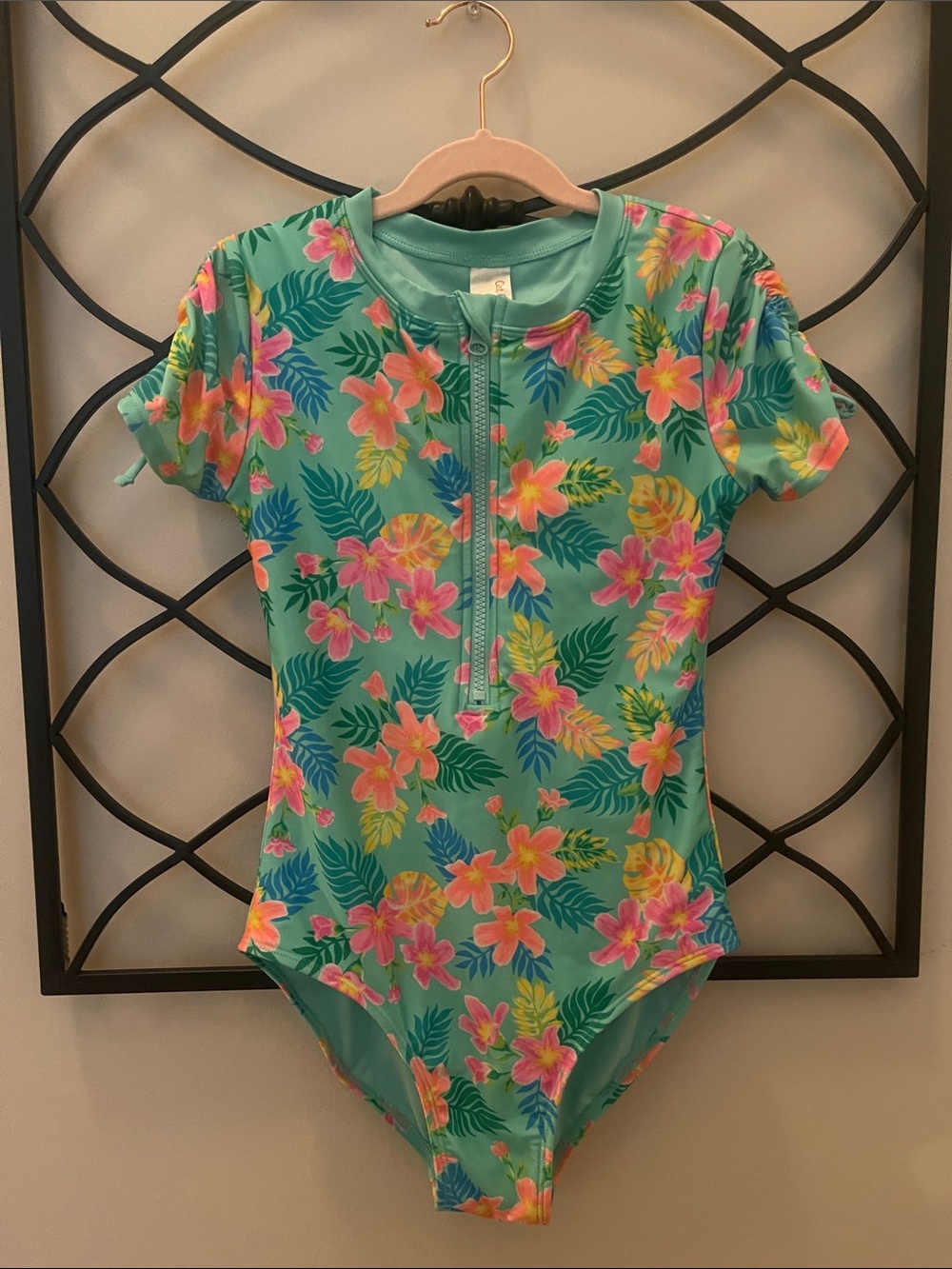 Cat & Jack Teal Floral Short-Sleeve Zip One-Piece Swimsuit